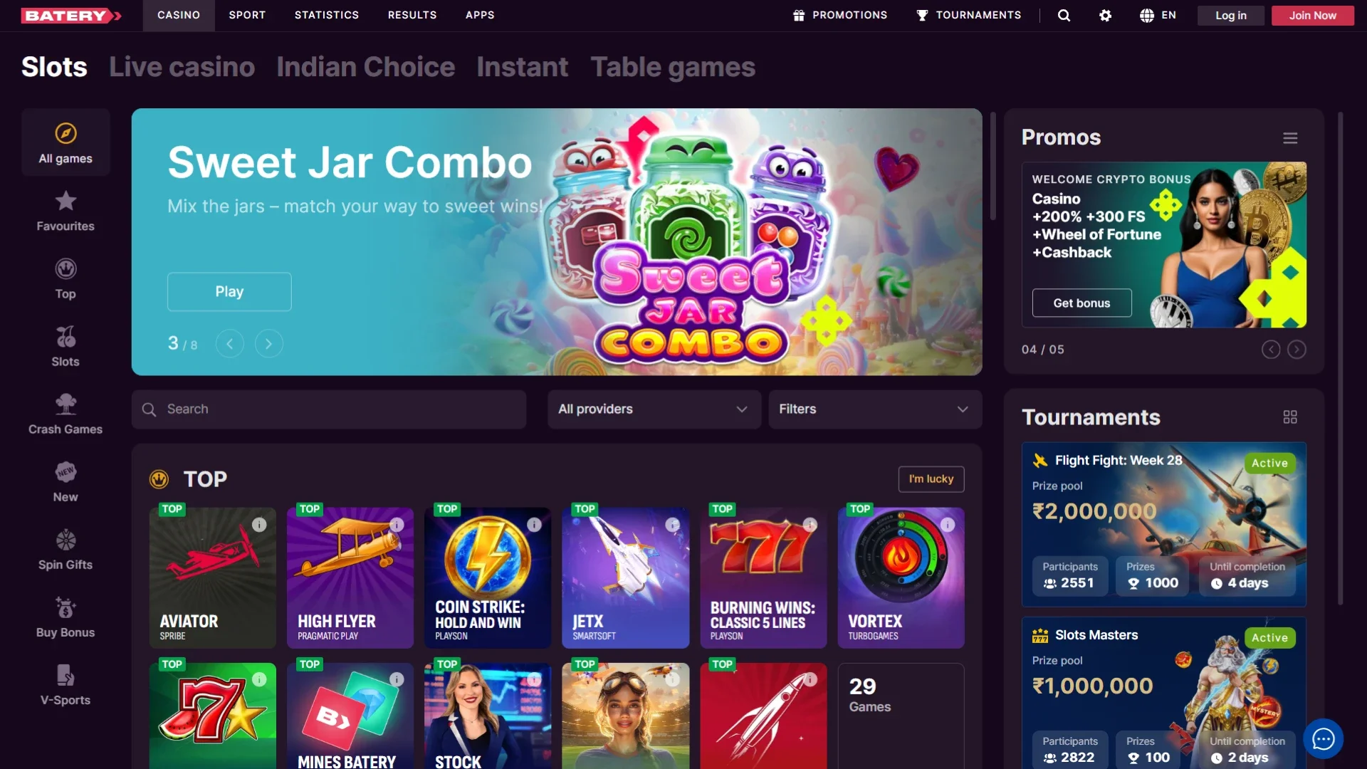 Browse and pick your favorite casino titles on the official Batery site.