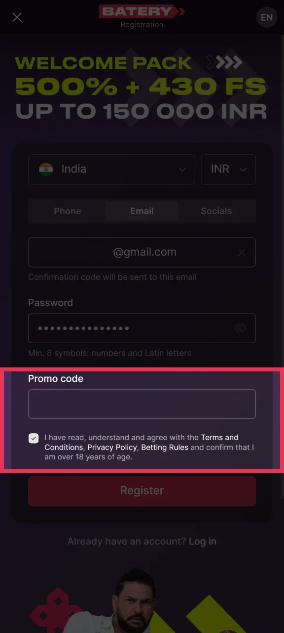 Insert your Batery promo code in the specific field provided, if applicable.