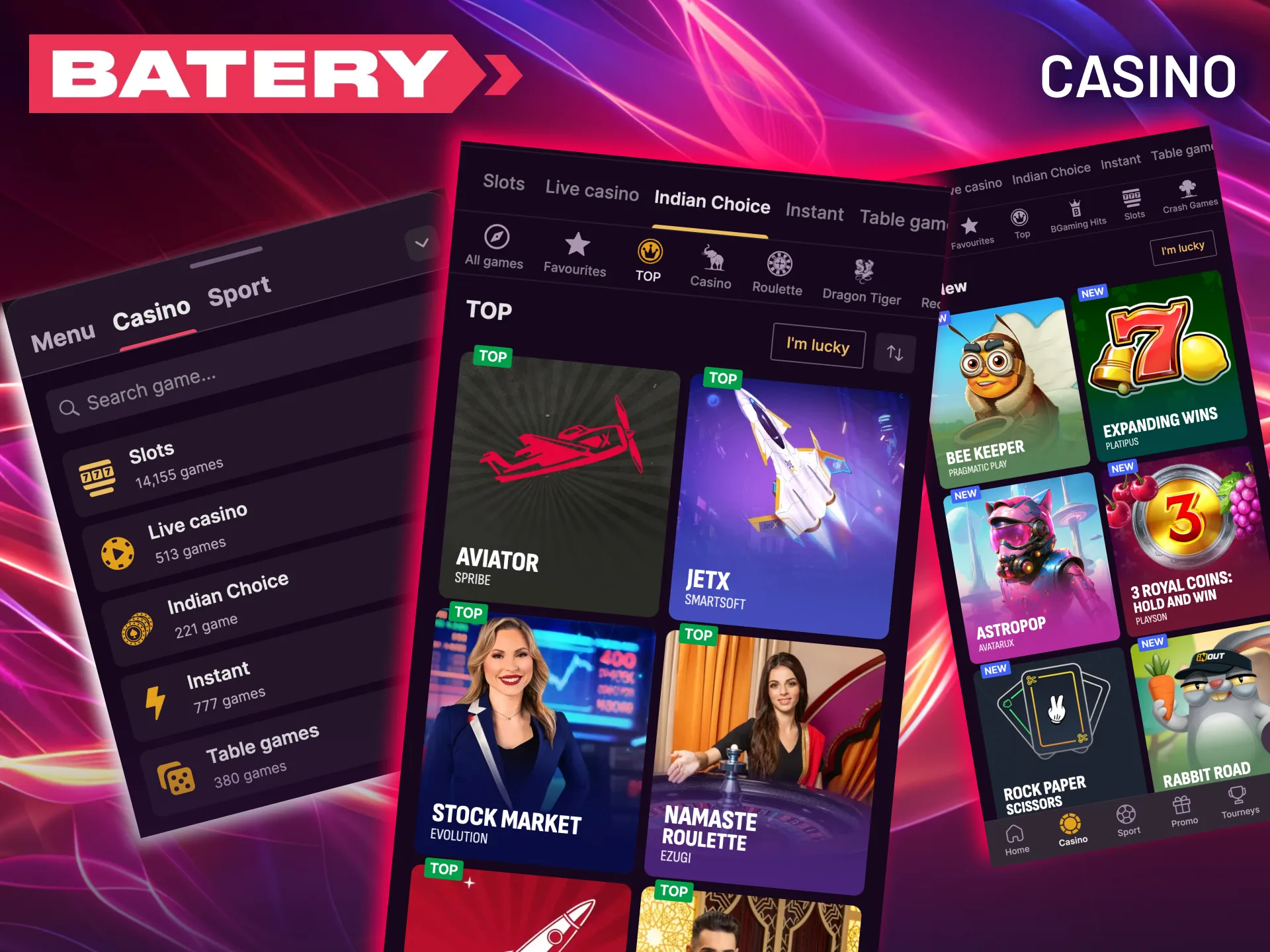 Dive into a variety of table classics, high-energy crash games, and slots all within the Batery mobile experience.