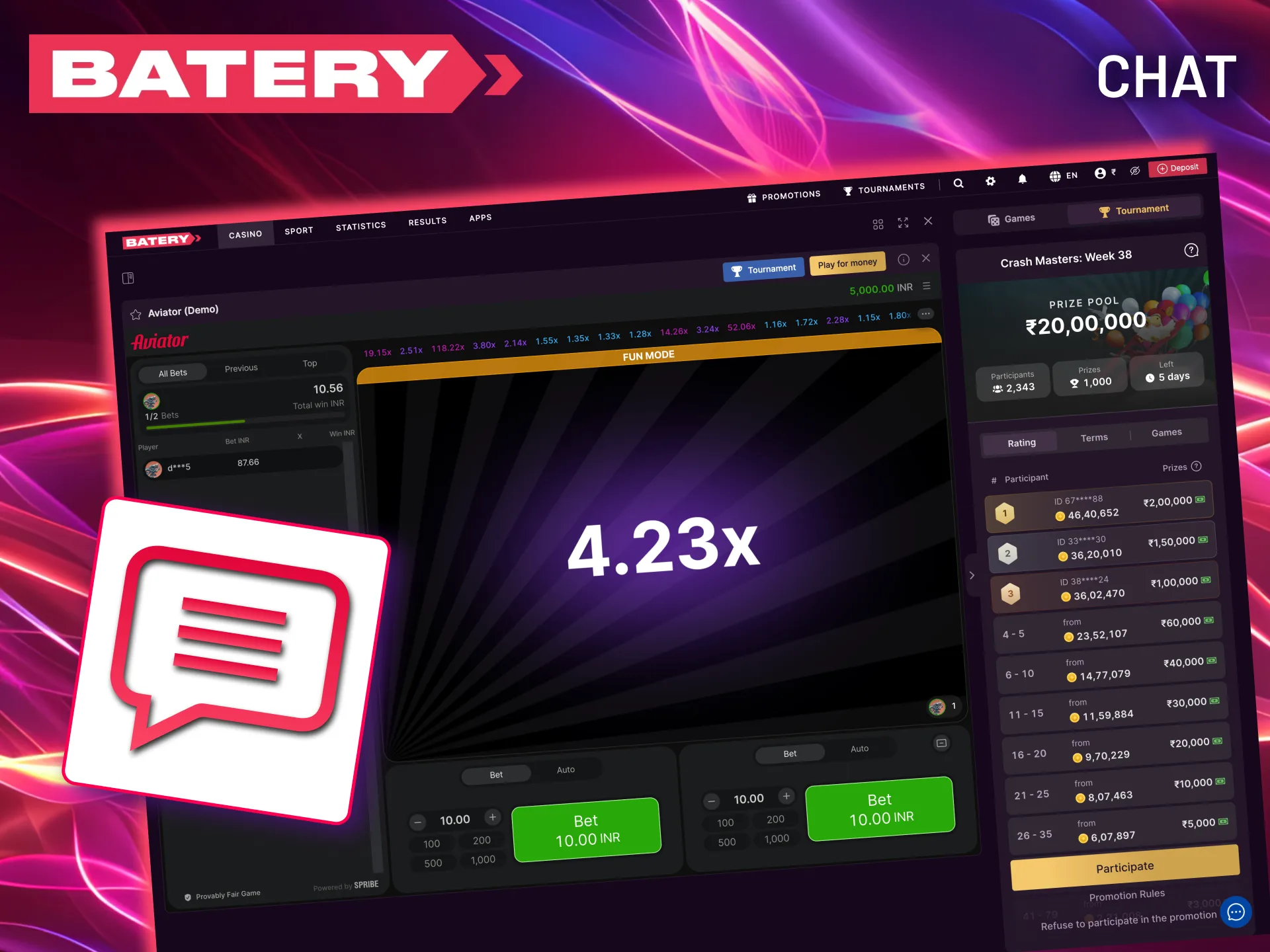 Interact with the community or hide the chat for a more focused session while playing Aviator for real money.