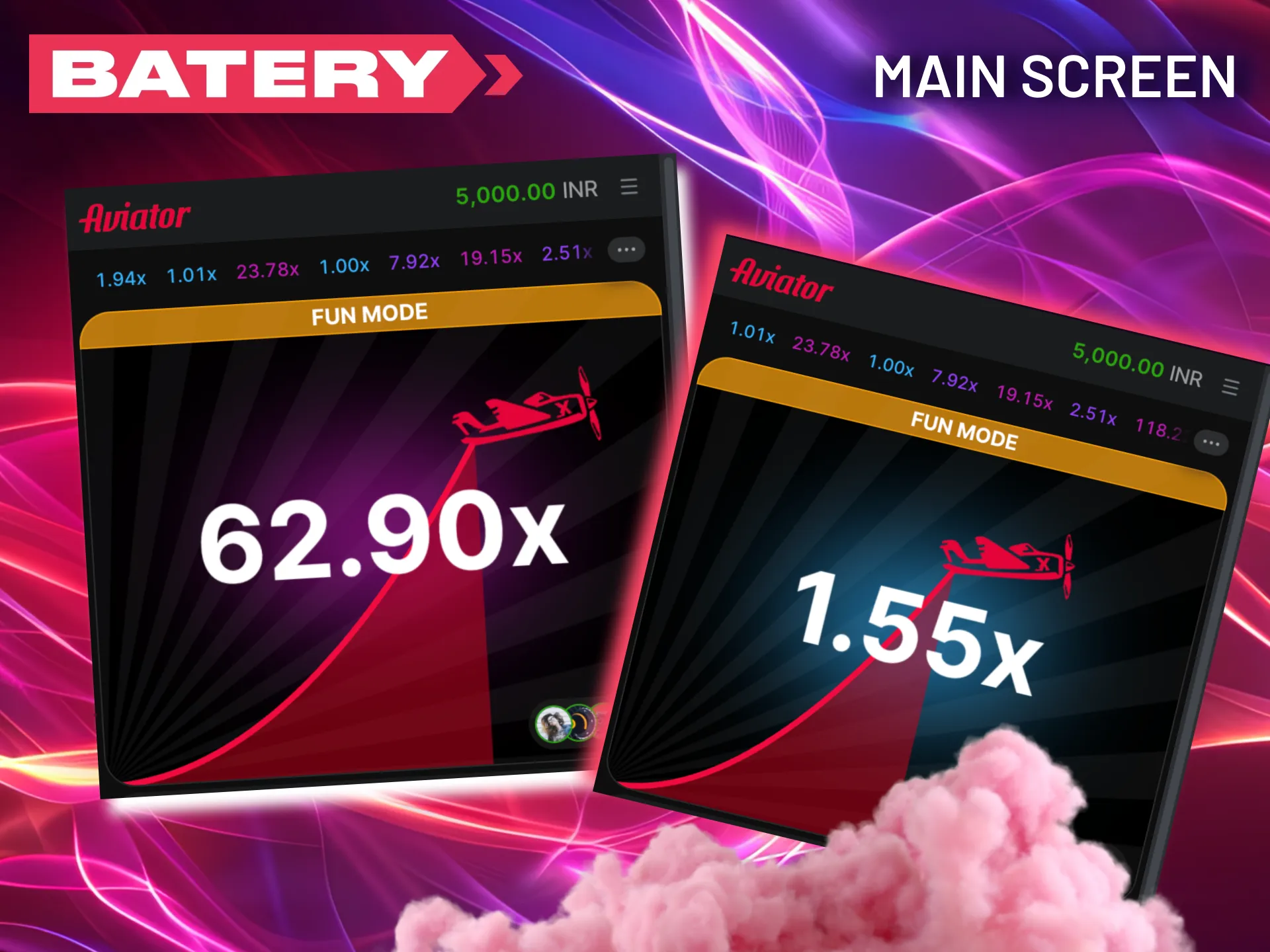 The Batery interface prominently displays the ascending multiplier as the plane flies.