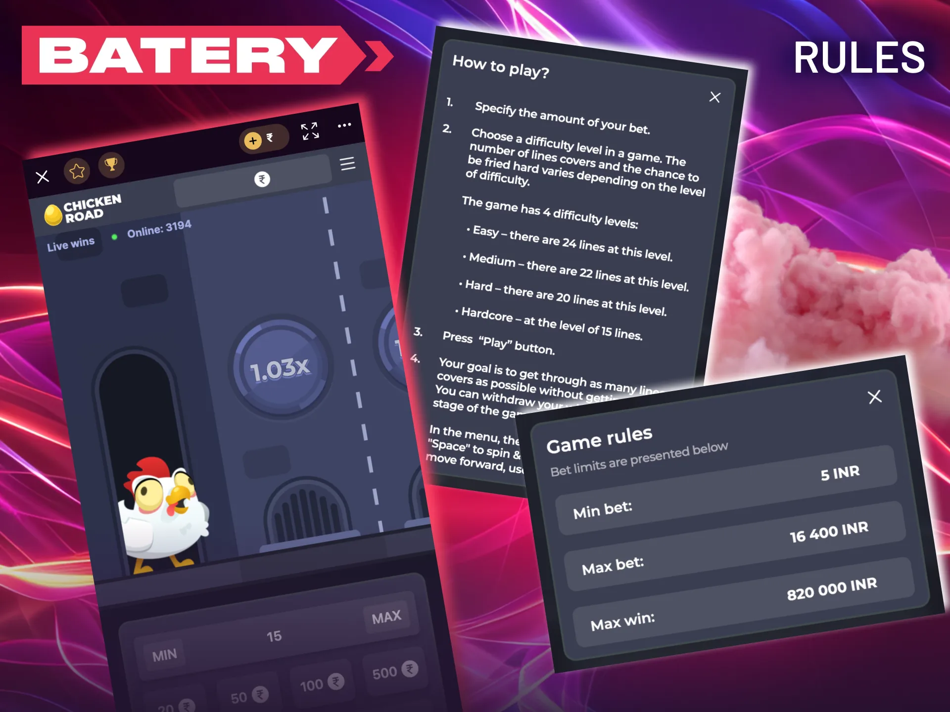 Experience the thrill of climbing multipliers and customizable risk levels in Chicken Road at Batery.
