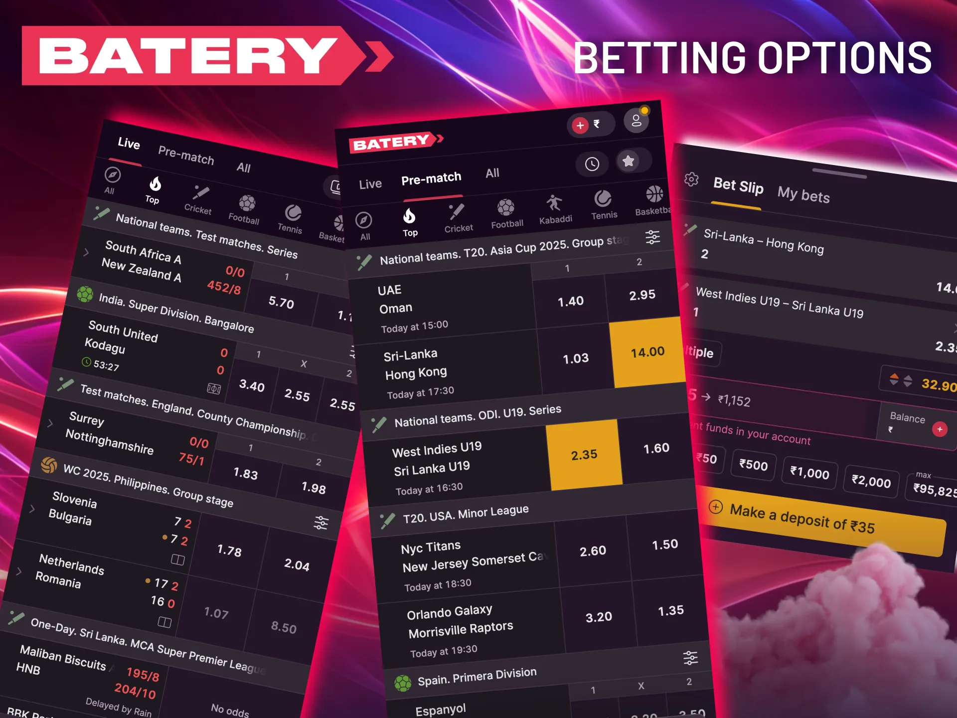 Batery offers a blend of pre-match and live betting options with constantly evolving odds.