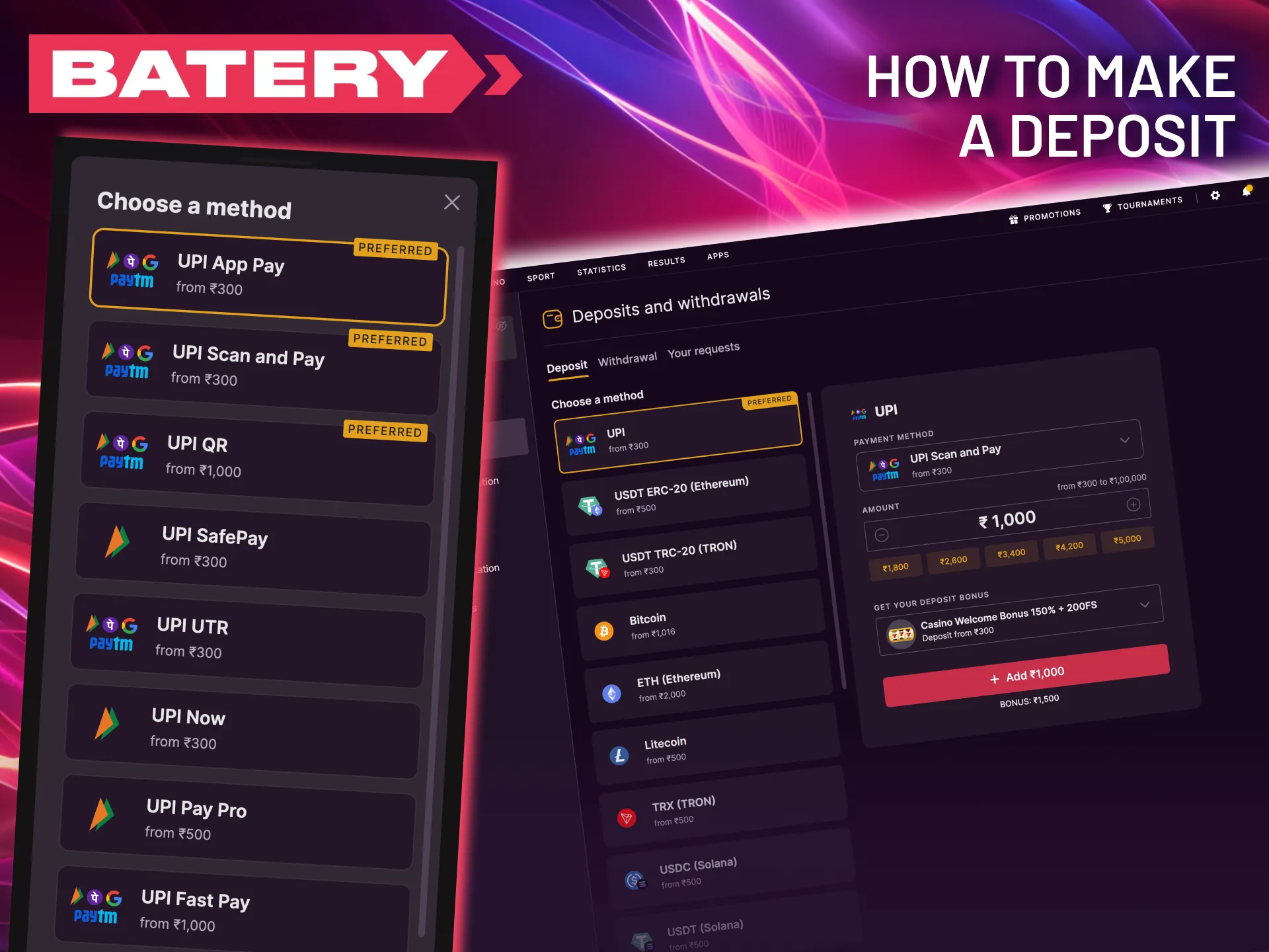 Top up your Batery account quickly and securely with our streamlined payment process.