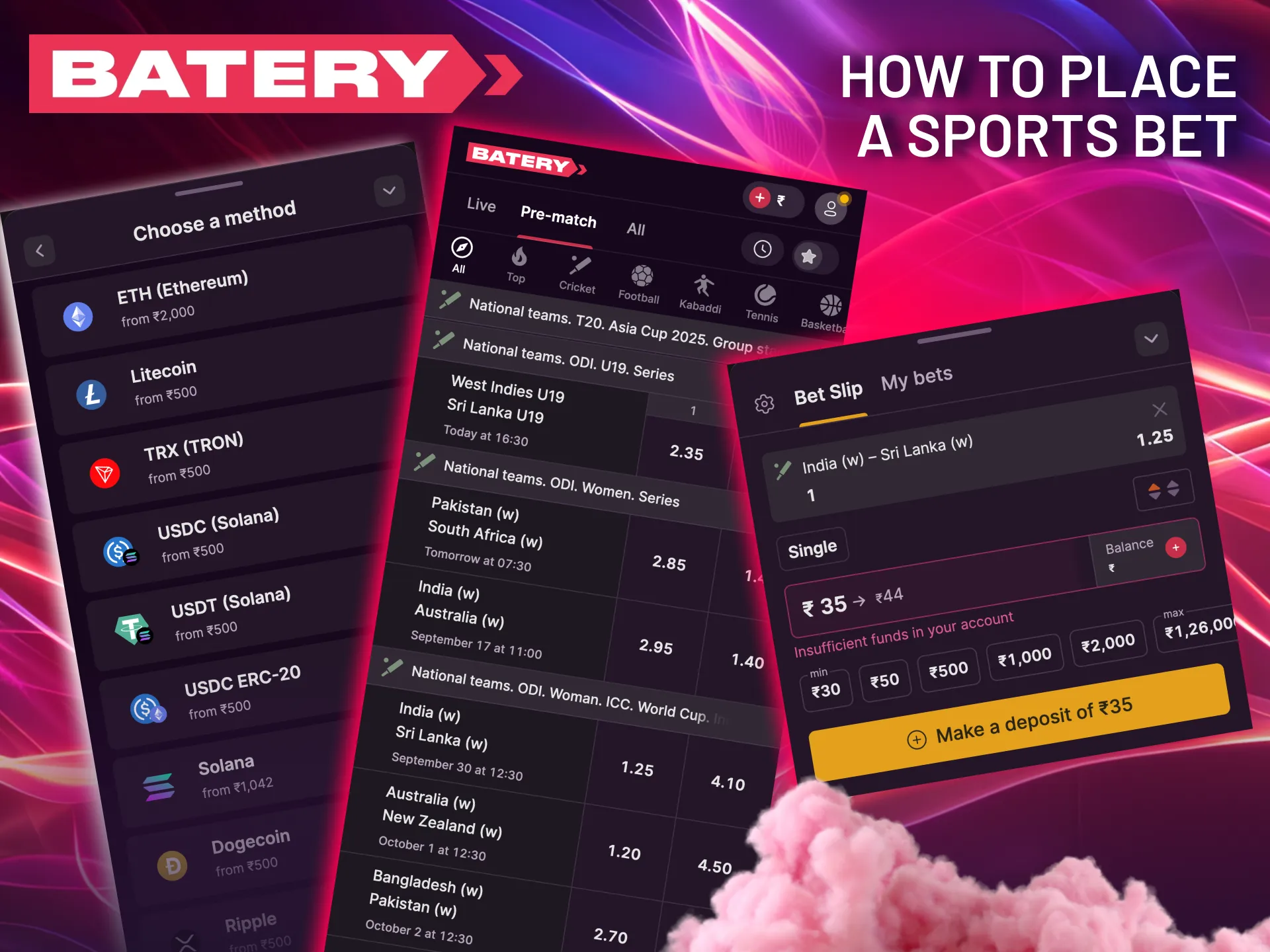 Start betting at Batery by logging in, topping up your balance, and selecting your preferred odds.