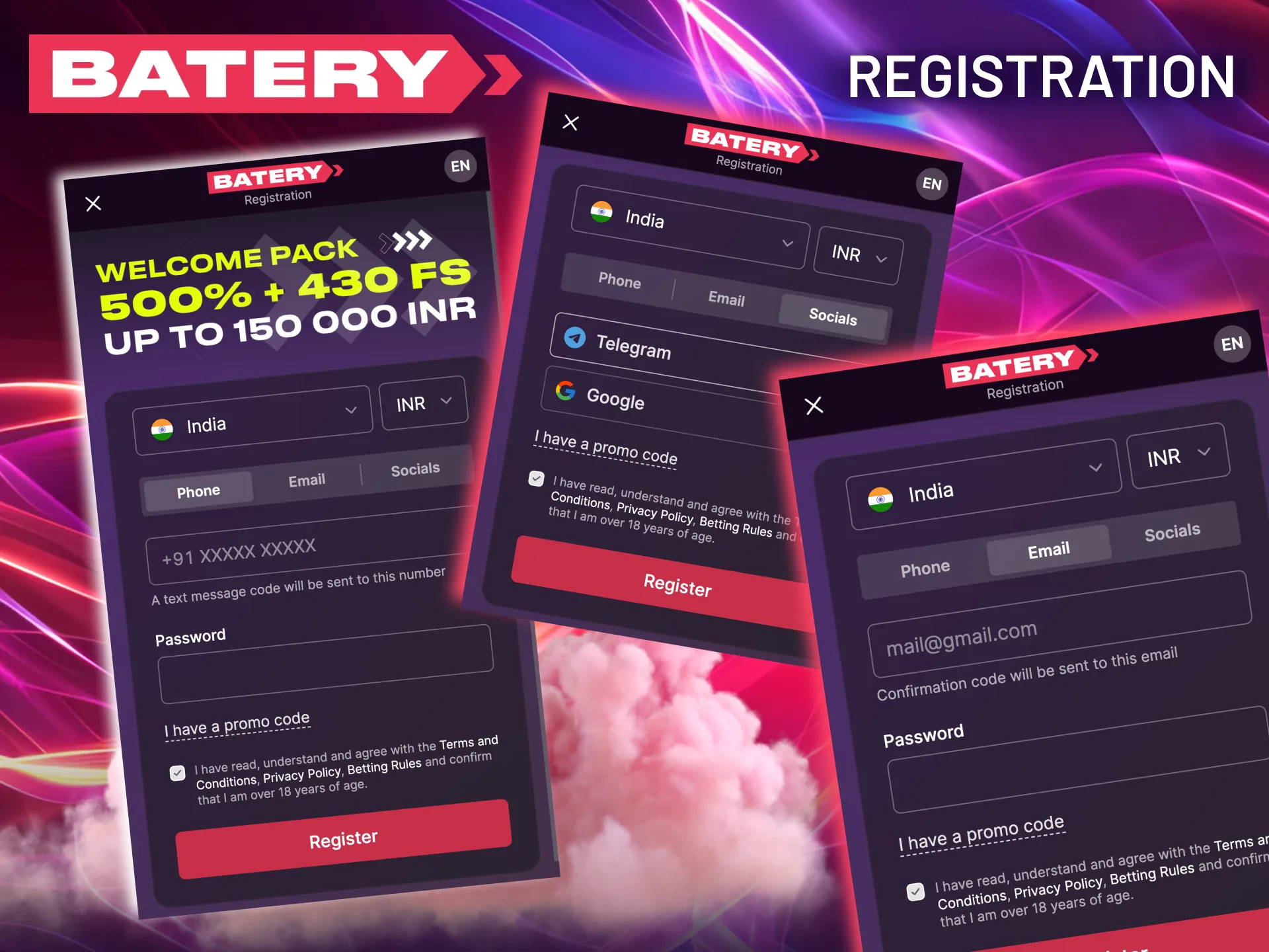 Sign up with Batery to get full access to our complete sportsbook and casino library.