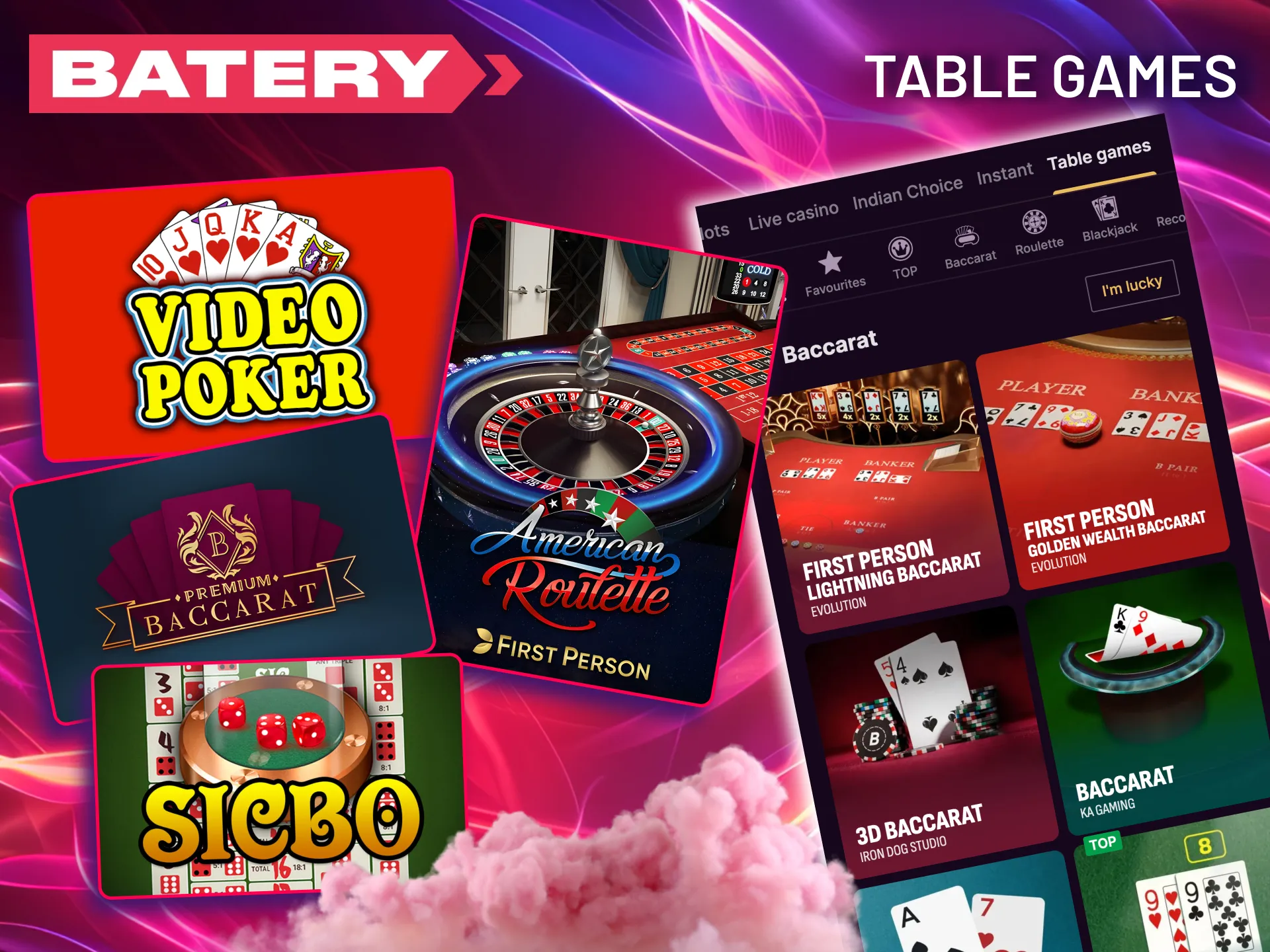Explore the table games section at Batery to play roulette, poker, and other favorites.