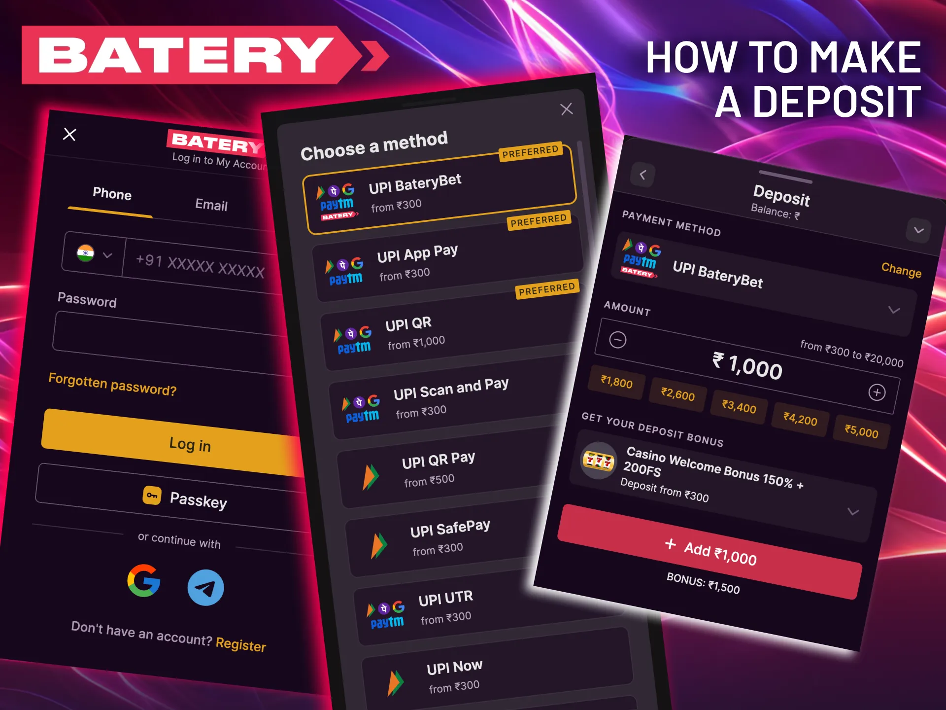 Simply hit 'Deposit', select your preferred payment gateway, and confirm the transaction to fund your Batery account.