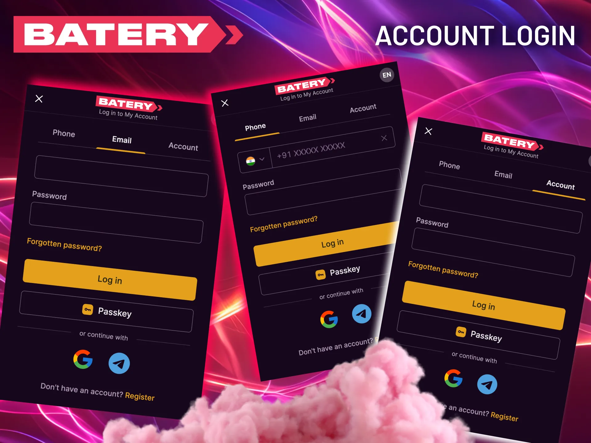 Access your Batery account using your registered phone number or email and your password.