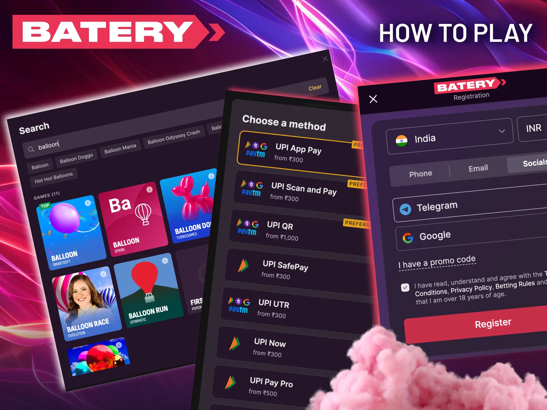 Your quick start guide to Batery Balloon: register, deposit, and play.