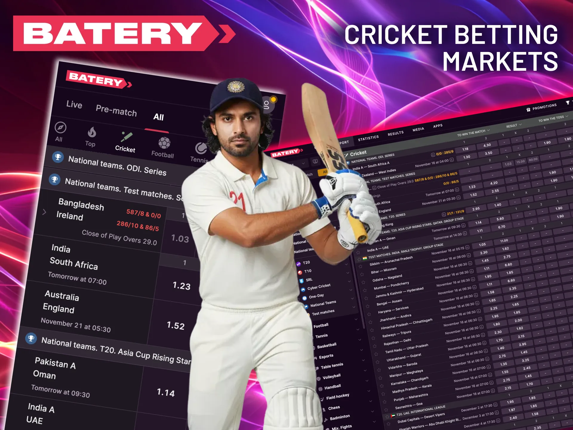 Discover a wide variety of wagering options across all Batery cricket events.