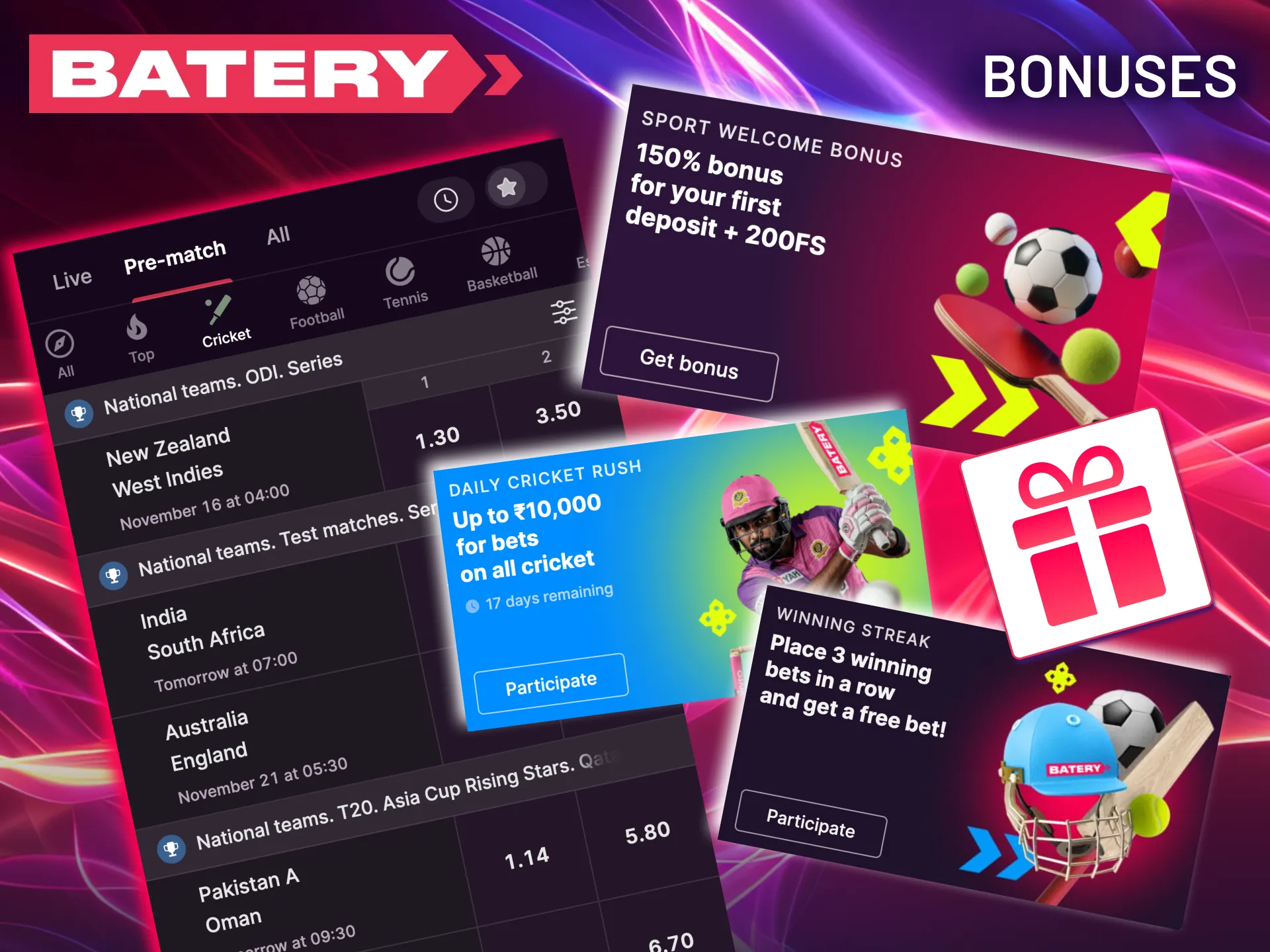 Take advantage of Batery's cricket promotions, including the Welcome Bonus and Daily Rush.