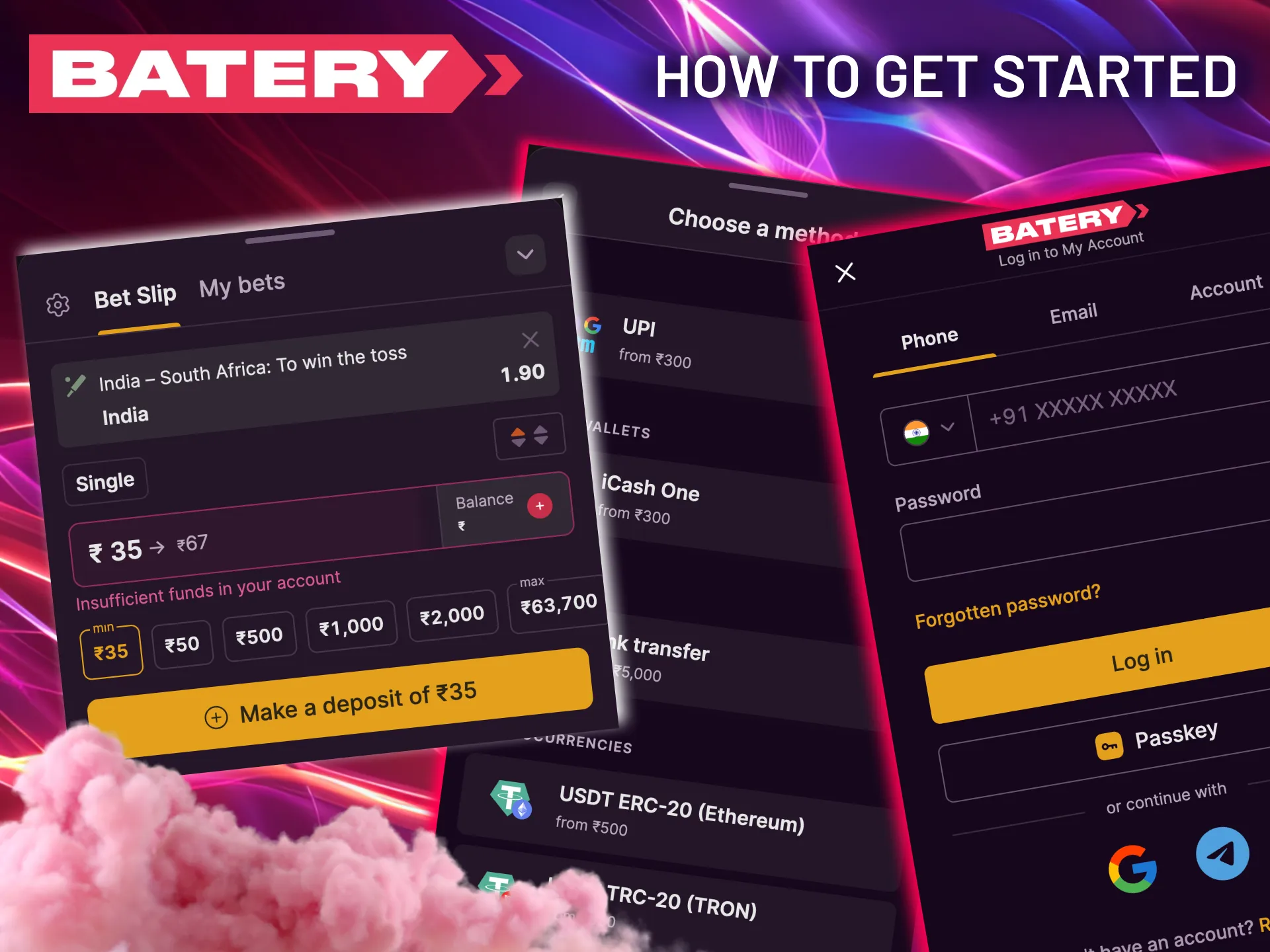 Fund your account and head to the sports menu to start betting on cricket with Batery.