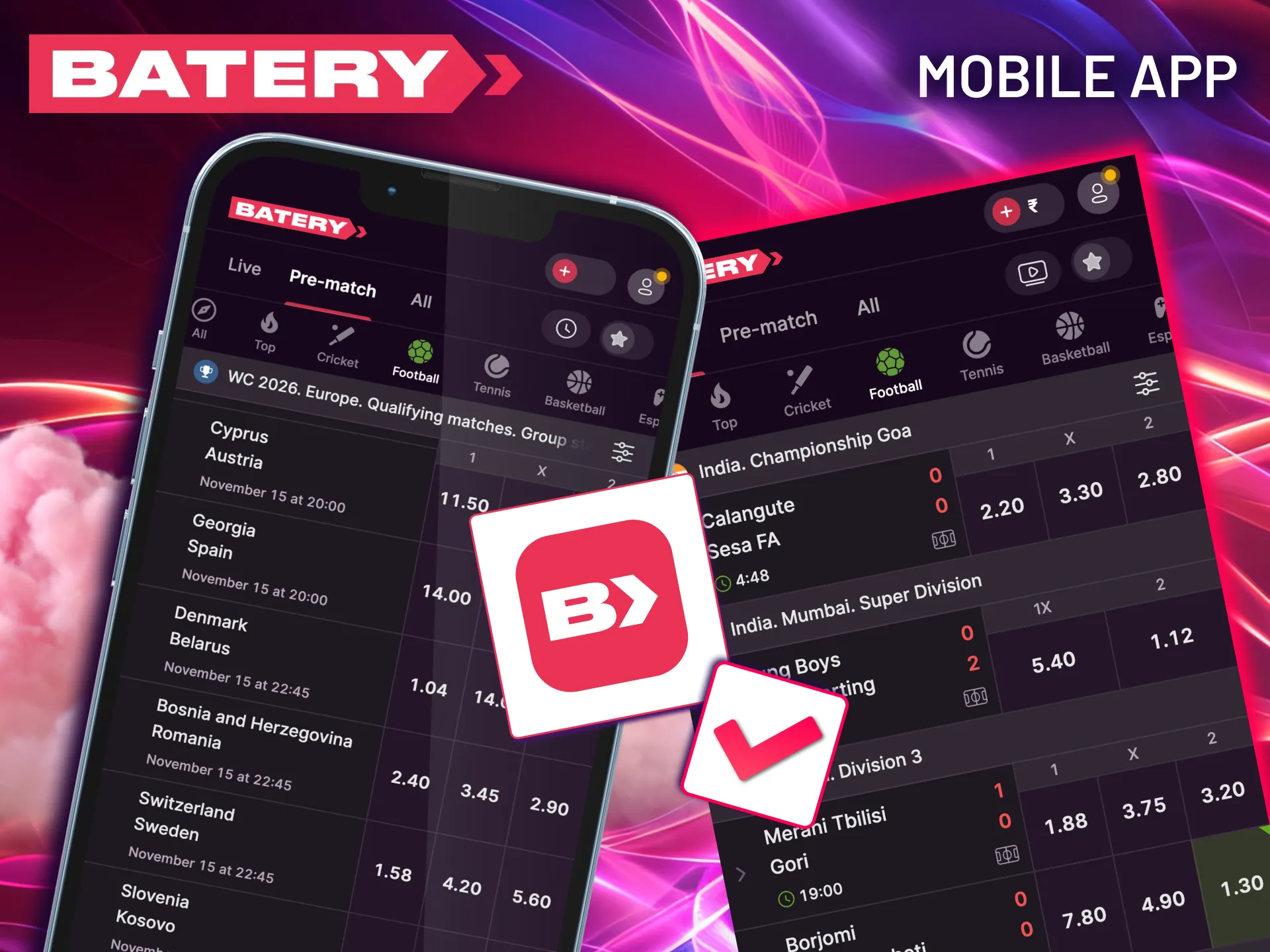 Enjoy a seamless football betting experience with Batery's mobile platform.