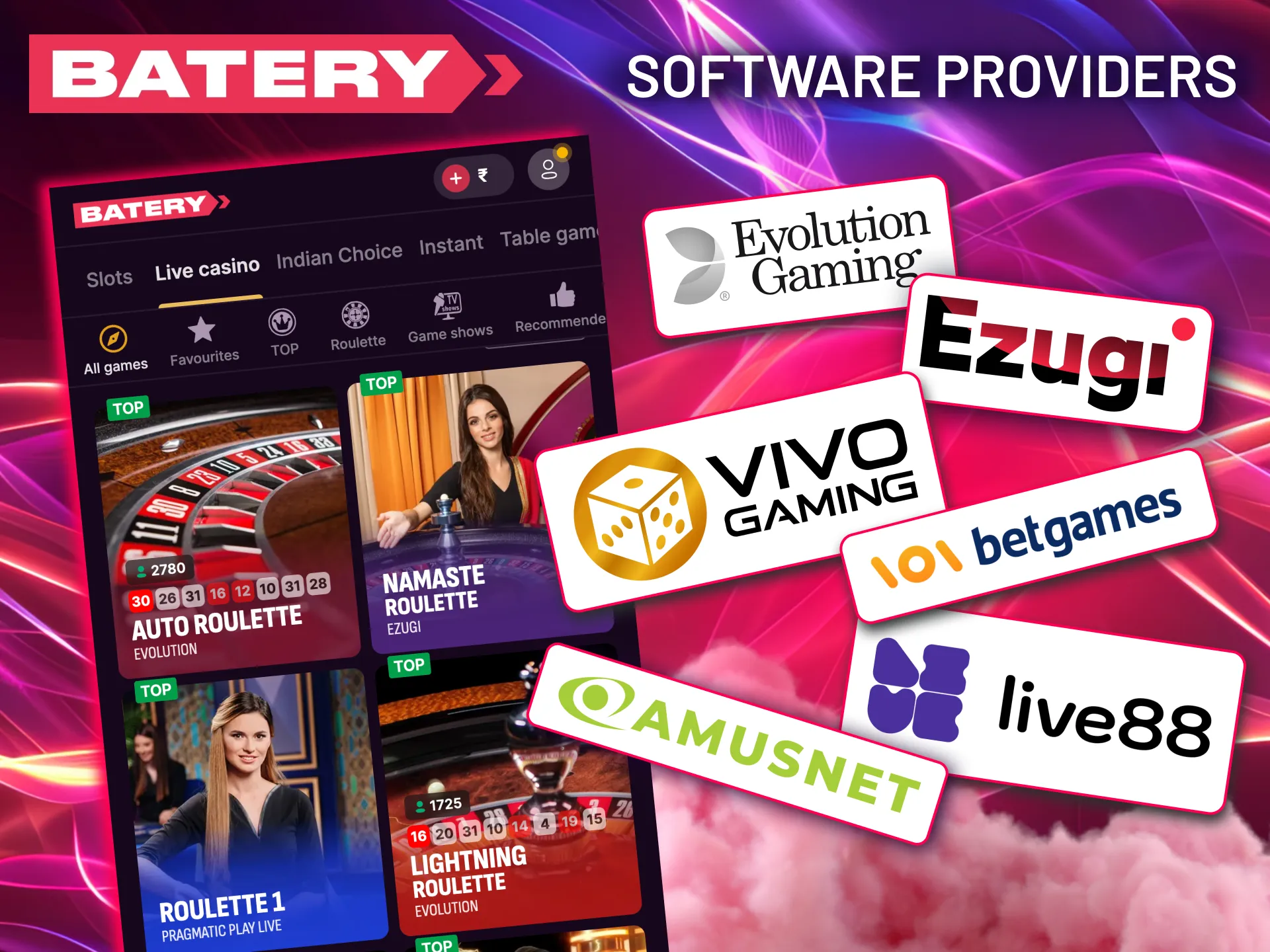 Explore a wide variety of tables powered by Ezugi, Amusnet, and Vivo Gaming.
