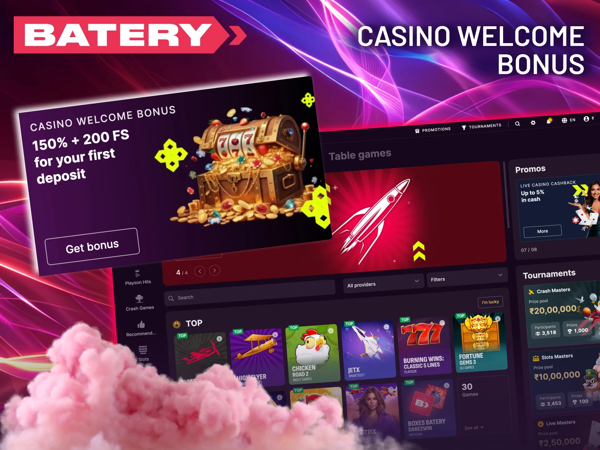 Make the most of Batery's casino rewards, subject to a 40x wagering condition.