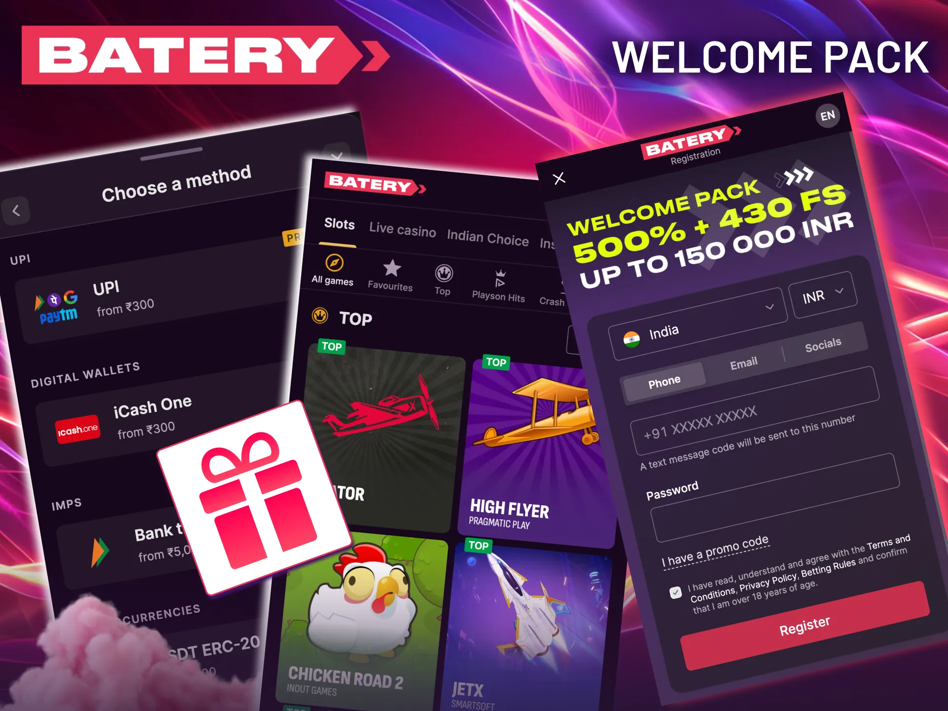 A look at Batery's welcome package featuring deposit matches and free spins.