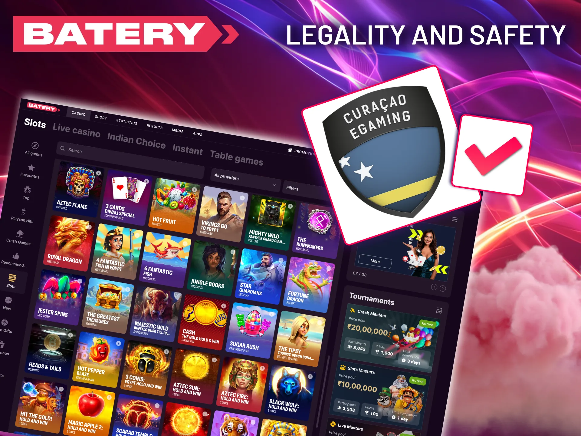Enjoy a secure environment for real-money slot gaming with the reliable Batery platform.