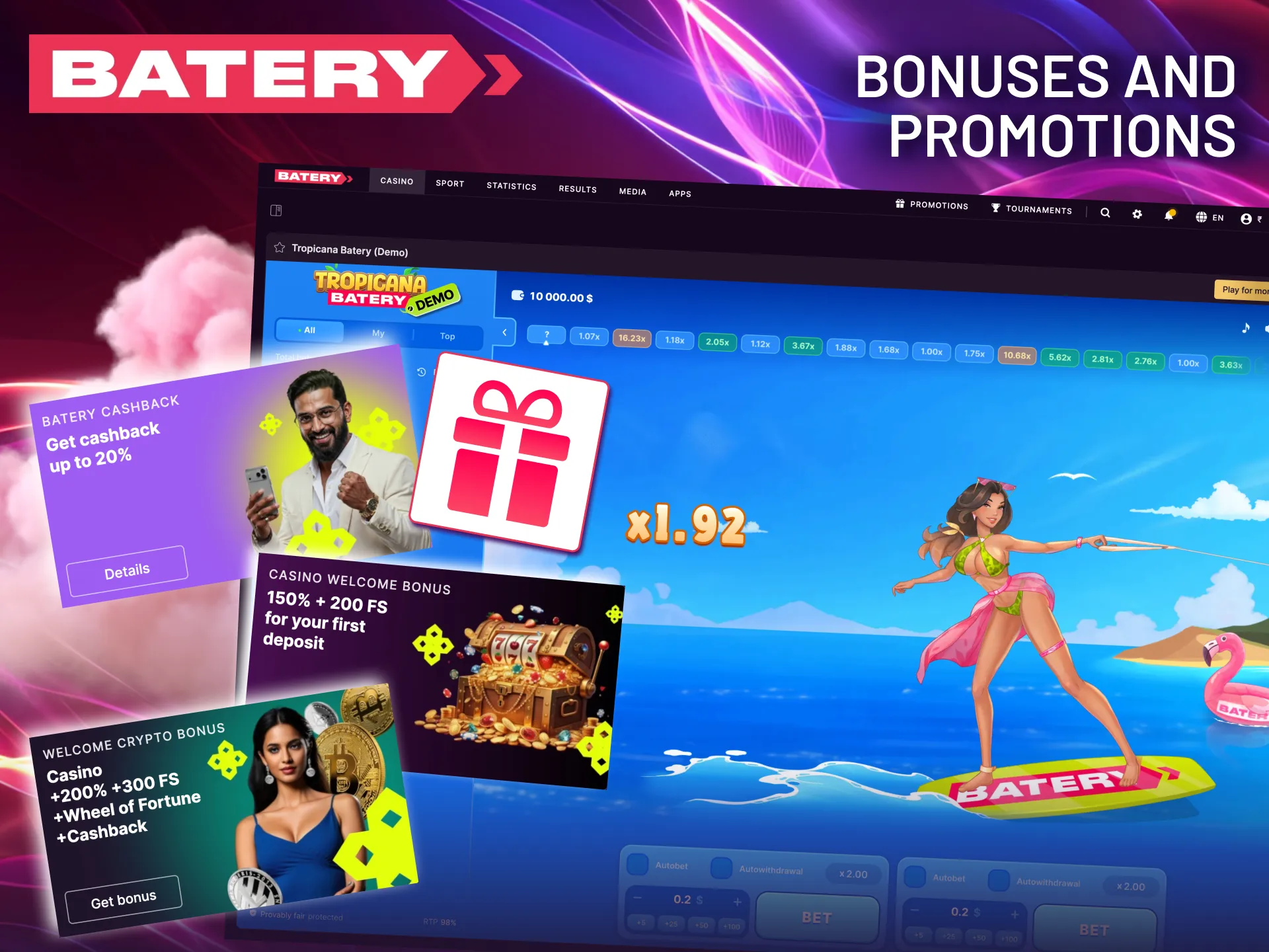 Take advantage of Batery casino bonuses to increase your playtime in the Tropicana crash slot.
