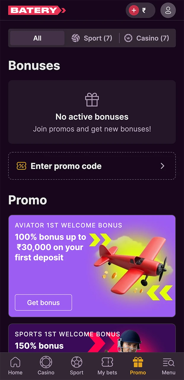 Maximize your starting capital for Aviator by claiming Batery's generous deposit bonus.