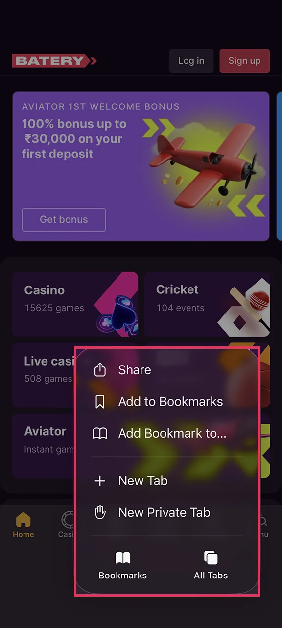 Use your browser's menu to save the Batery application to your iOS device.