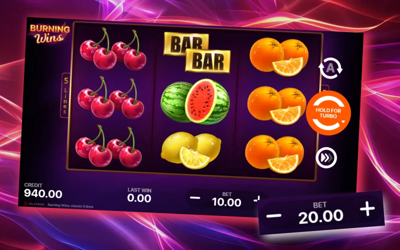 Tailor your bet sizes to match your current balance while playing Burning Wins Classic 5 Lines at Batery.