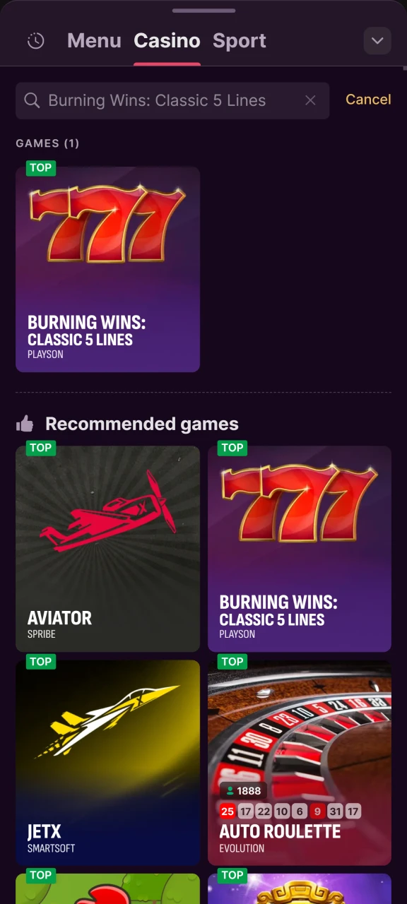 Launch Burning Wins directly through the Batery mobile app.
