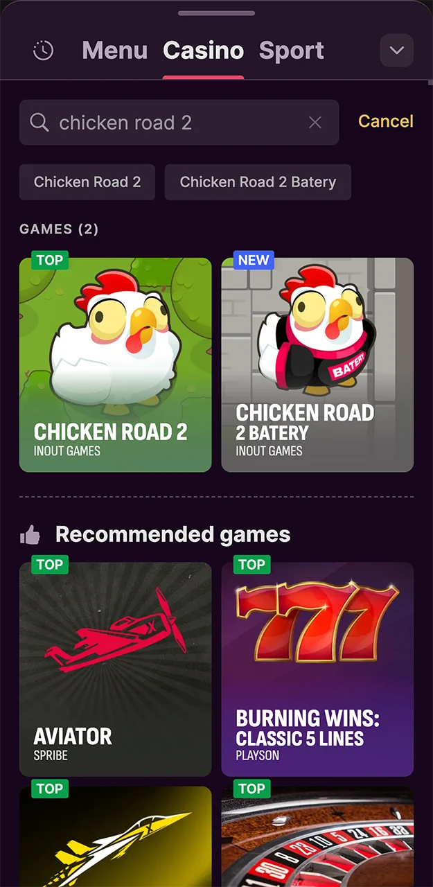 Go to the casino section of the Batery platform to launch Chicken Road 2.