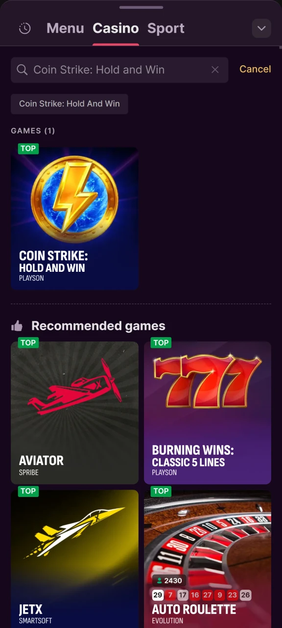 Locate Coin Strike in Batery's casino section and launch the game.