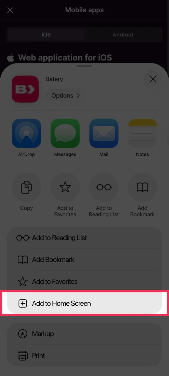 To create a quick access link for Batery, simply tap the 'Add to Home Screen' button.