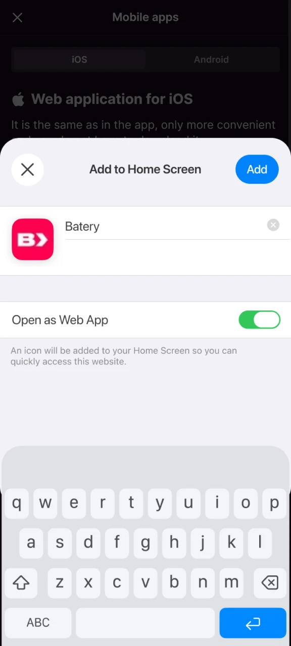 Enter the desired name and confirm that you want to add the Batery shortcut to your device.