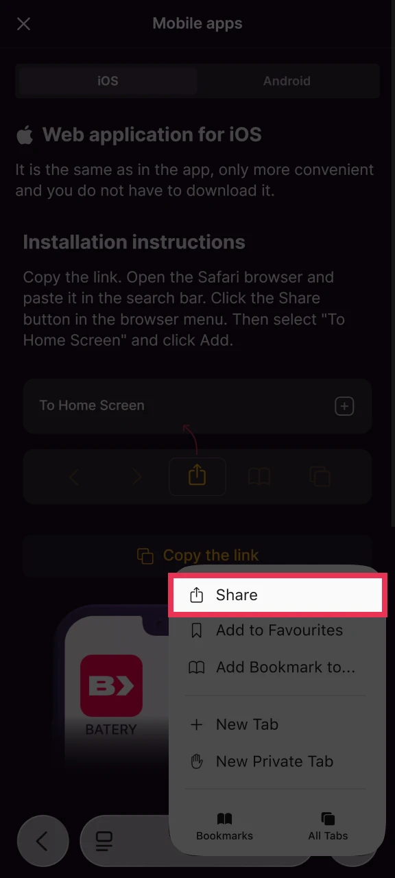 Hit the Share button and add Batery as a shortcut for one-tap access.