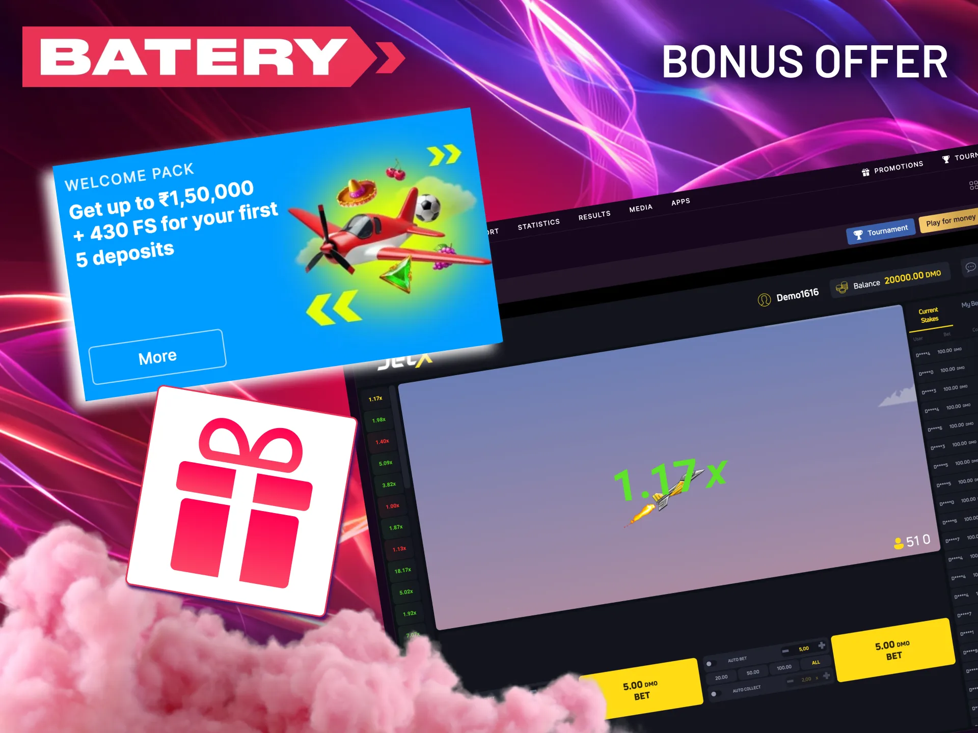 Boost your JetX bankroll with Batery's generous welcome bonuses and recurring promotions.