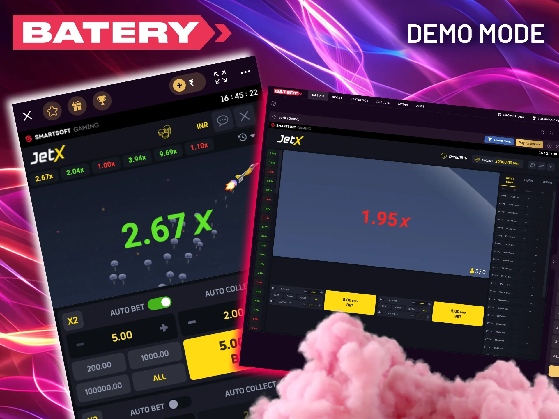 Batery's demo mode provides a realistic simulation of JetX, using the same multipliers and logic as the real game.