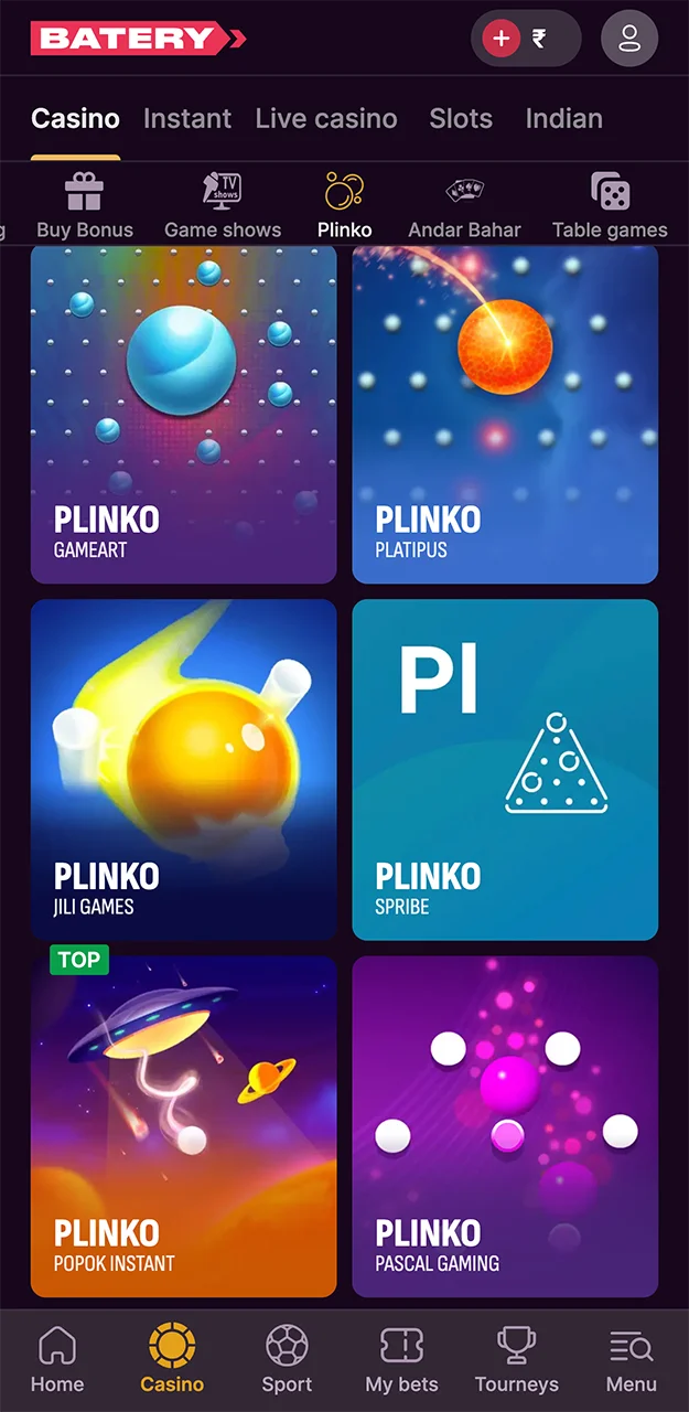 Batery features a dedicated hub where you can find all available versions of Plinko.