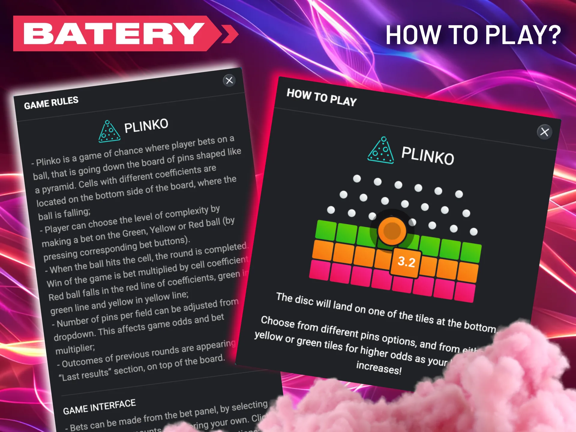 Experience Batery Plinko: set your risk, drop the ball, and collect your multiplier.
