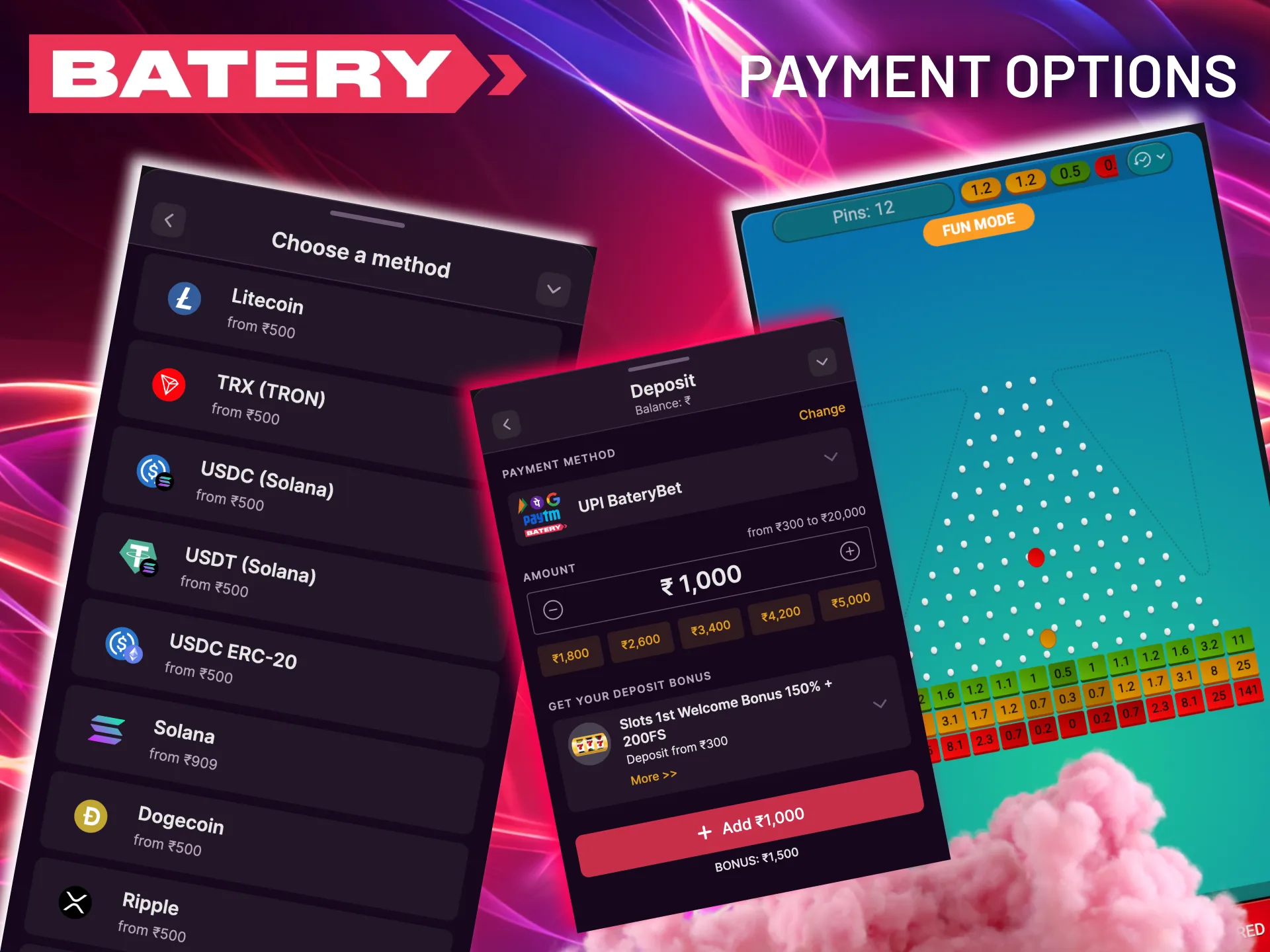 Batery provides flexible funding via UPI, bank cards, and cryptocurrency for all Plinko players.