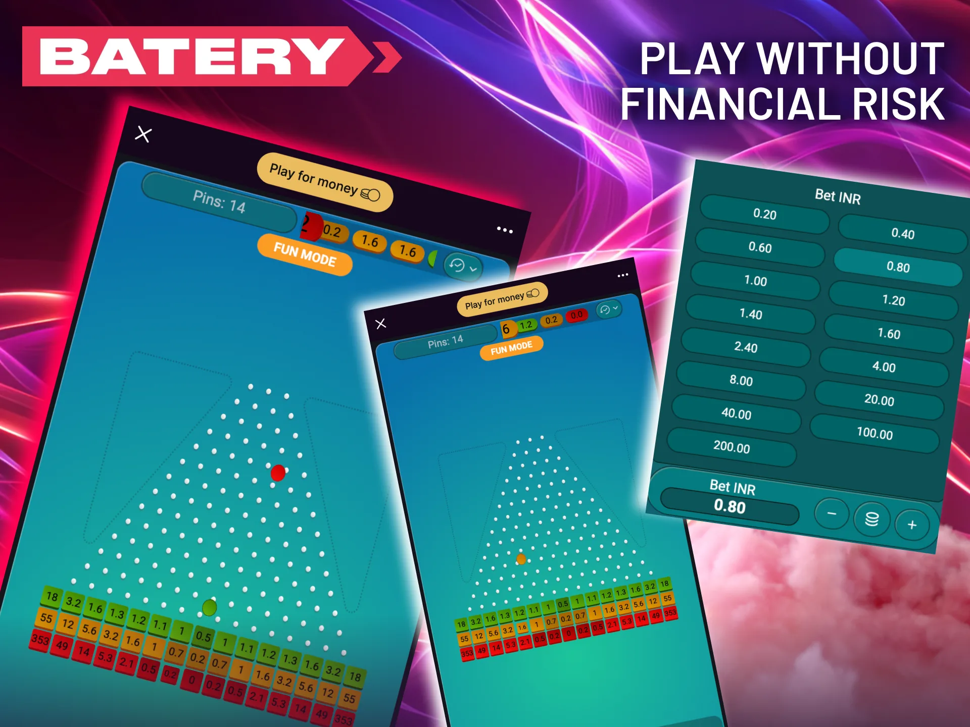 Practice for free with Batery's Plinko demo, featuring unlimited virtual credits.