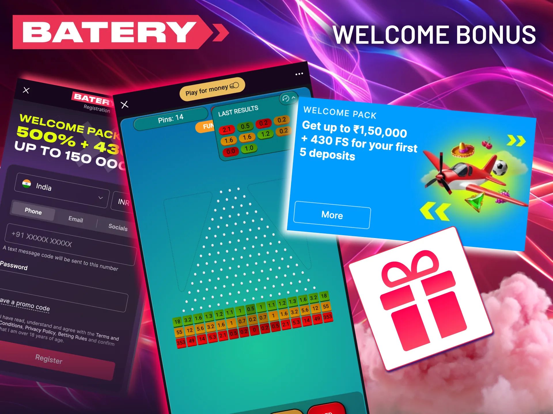 Get a massive 500% welcome boost for Plinko and other Batery games.