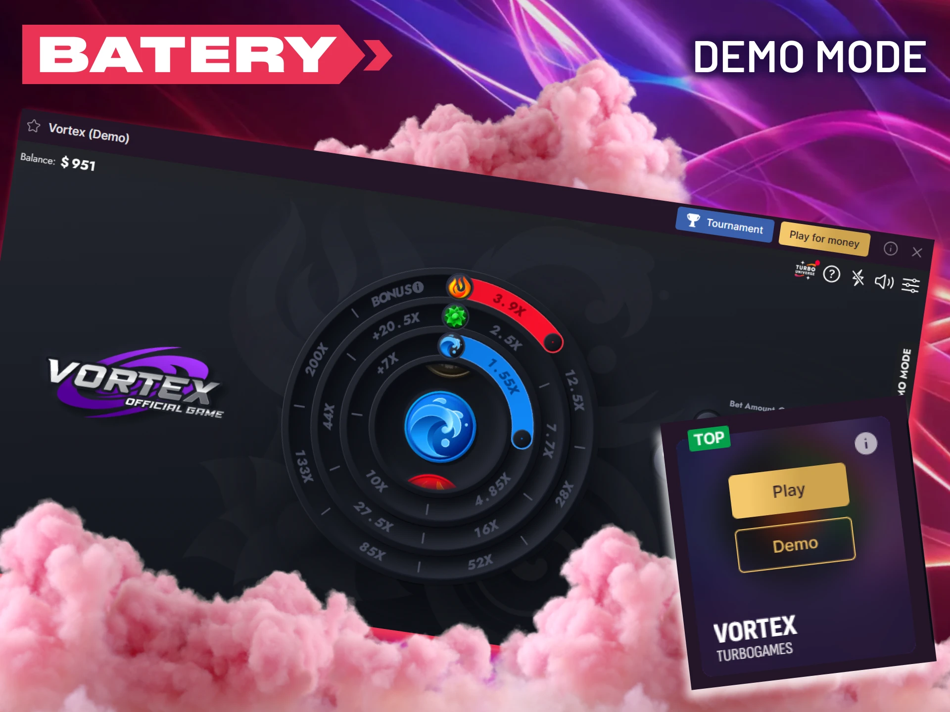 Try out the Vortex demo mode provided by Batery to practice your skills.