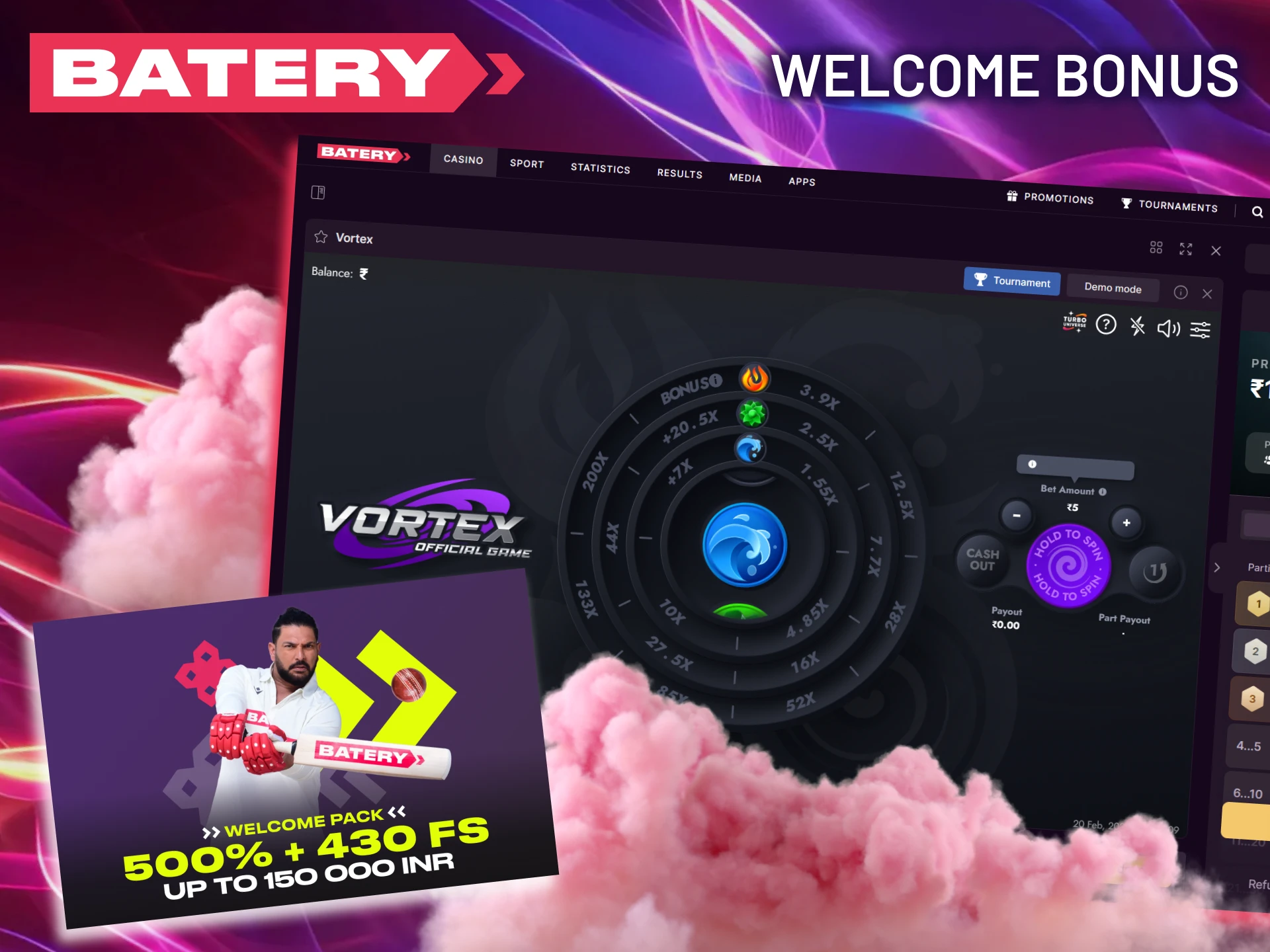 Register at Batery, claim your welcome bonus, and start playing Vortex today.