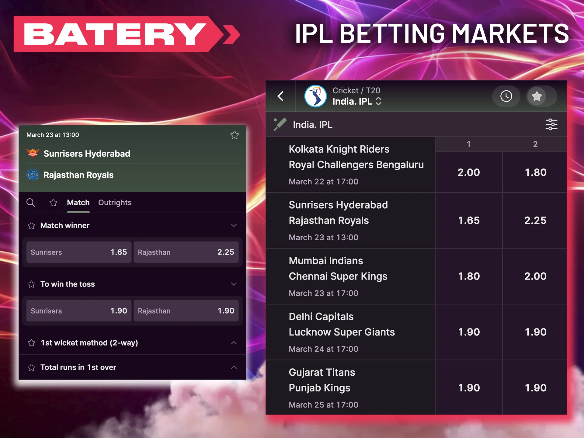 Take your time to explore all the different ways you can bet on the IPL at Batery.