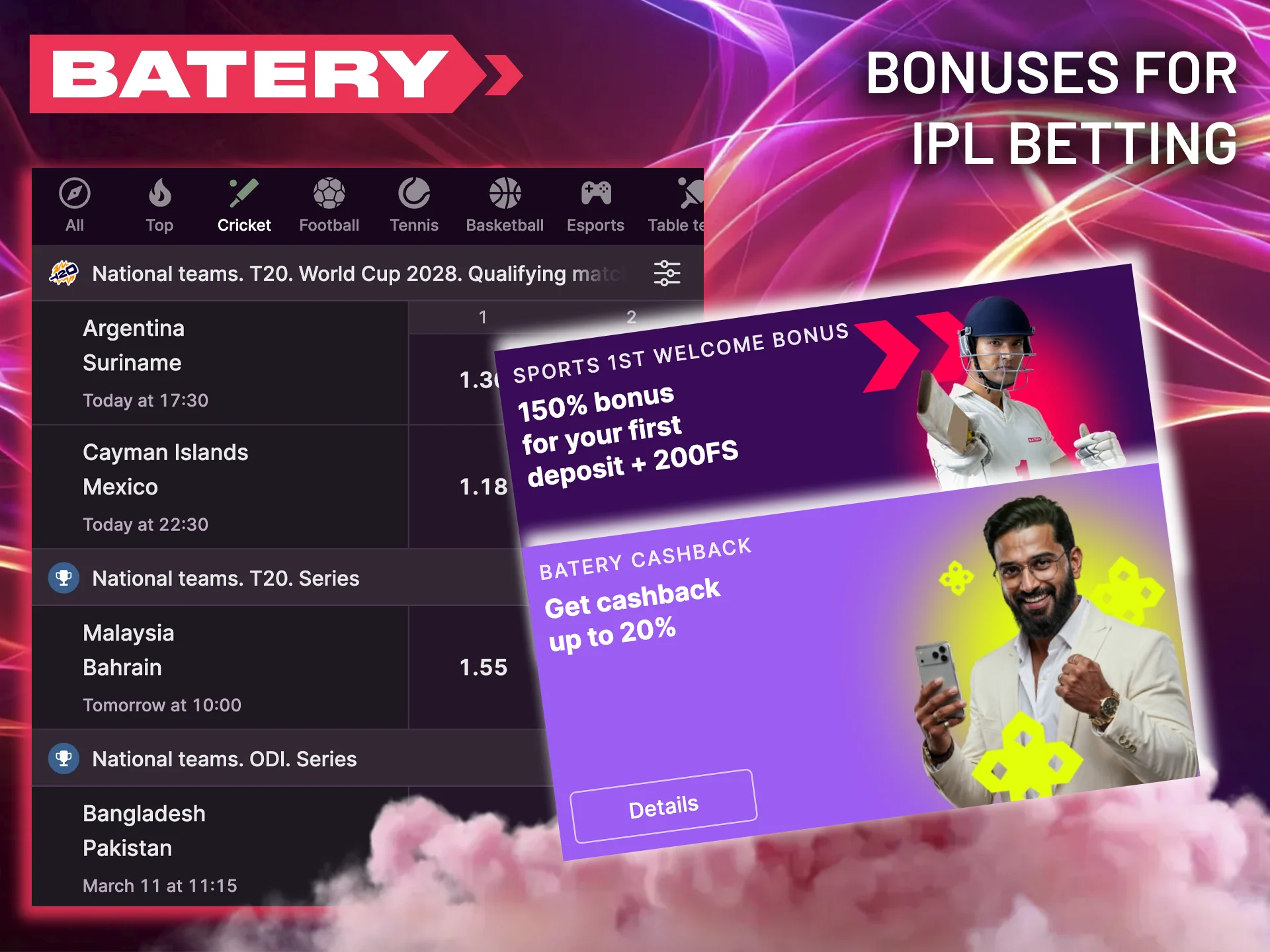 Don't miss out on Batery's bonuses—they're a great way to significantly increase your bankroll for the IPL season.