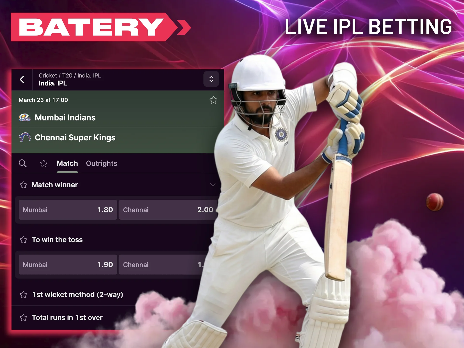 Stay connected to your favorite team's performance and place instant live bets directly on the Batery platform.