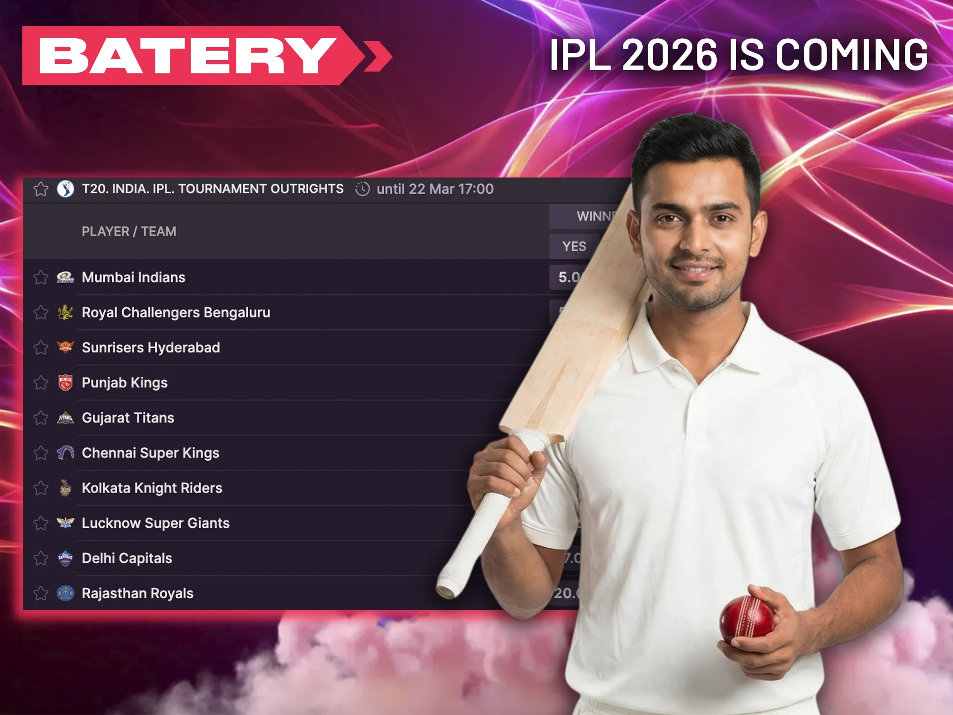 By making Batery your go-to bookmaker, you're perfectly positioned to capitalize on the IPL and secure regular wins.